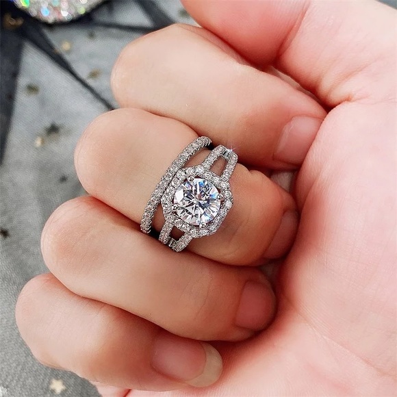 New 925 Silver 2 pc Set Promised Bridal Wedding Diamond Ring - Picture 5 of 6